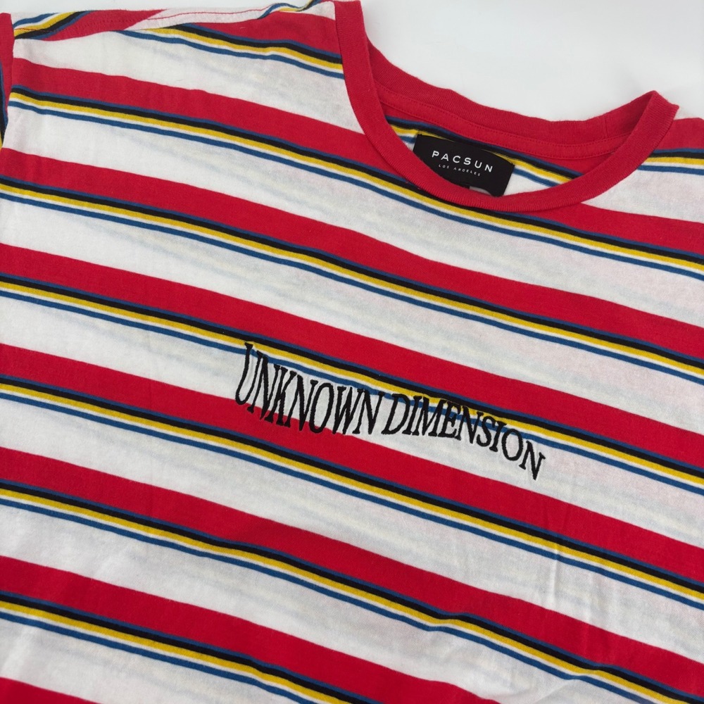 PacSun Unknown‎ Dimension T-Shirt Mens Large Red Striped Excellent Skater Tee